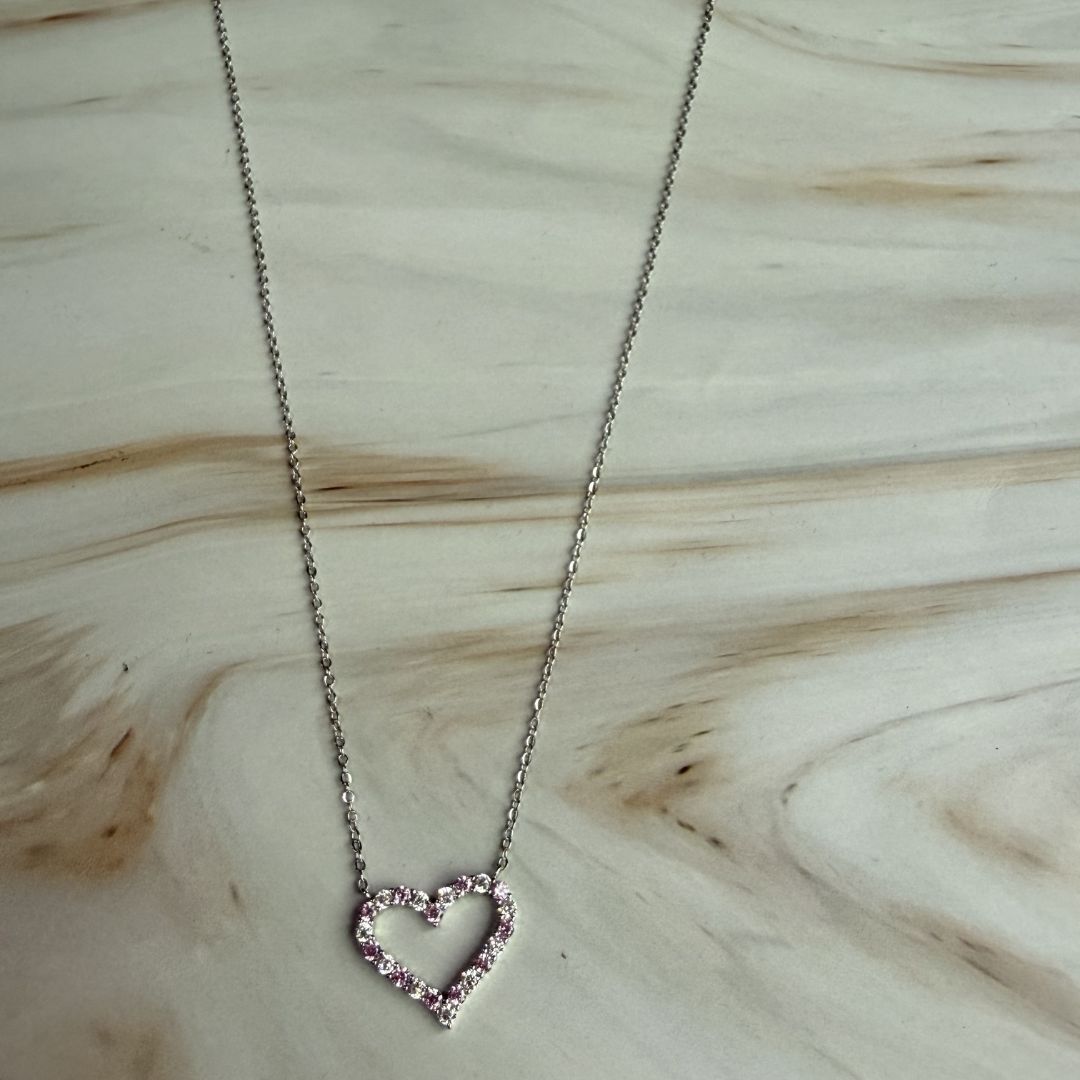 Pink Heart CZ Necklace in 925 Sterling Silver