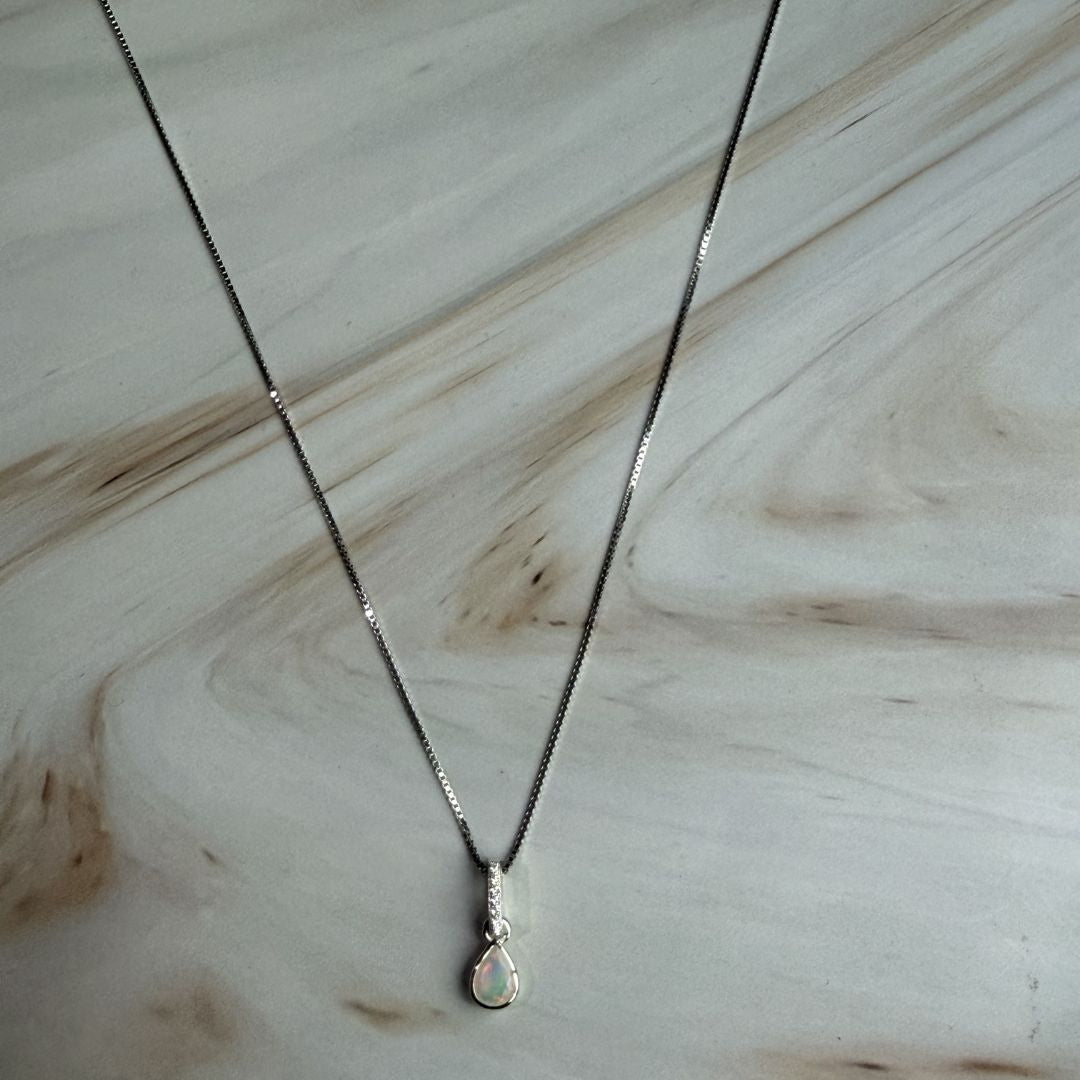 Natural Opal & White Topaz Pendant Necklace in 925 Sterling Silver