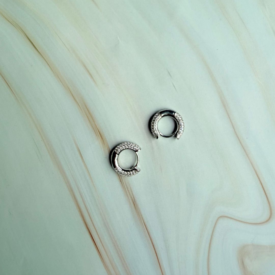 925 Sterling Silver Pavé Crescent Huggie Hoop Earrings with Cubic Zirconia Stones