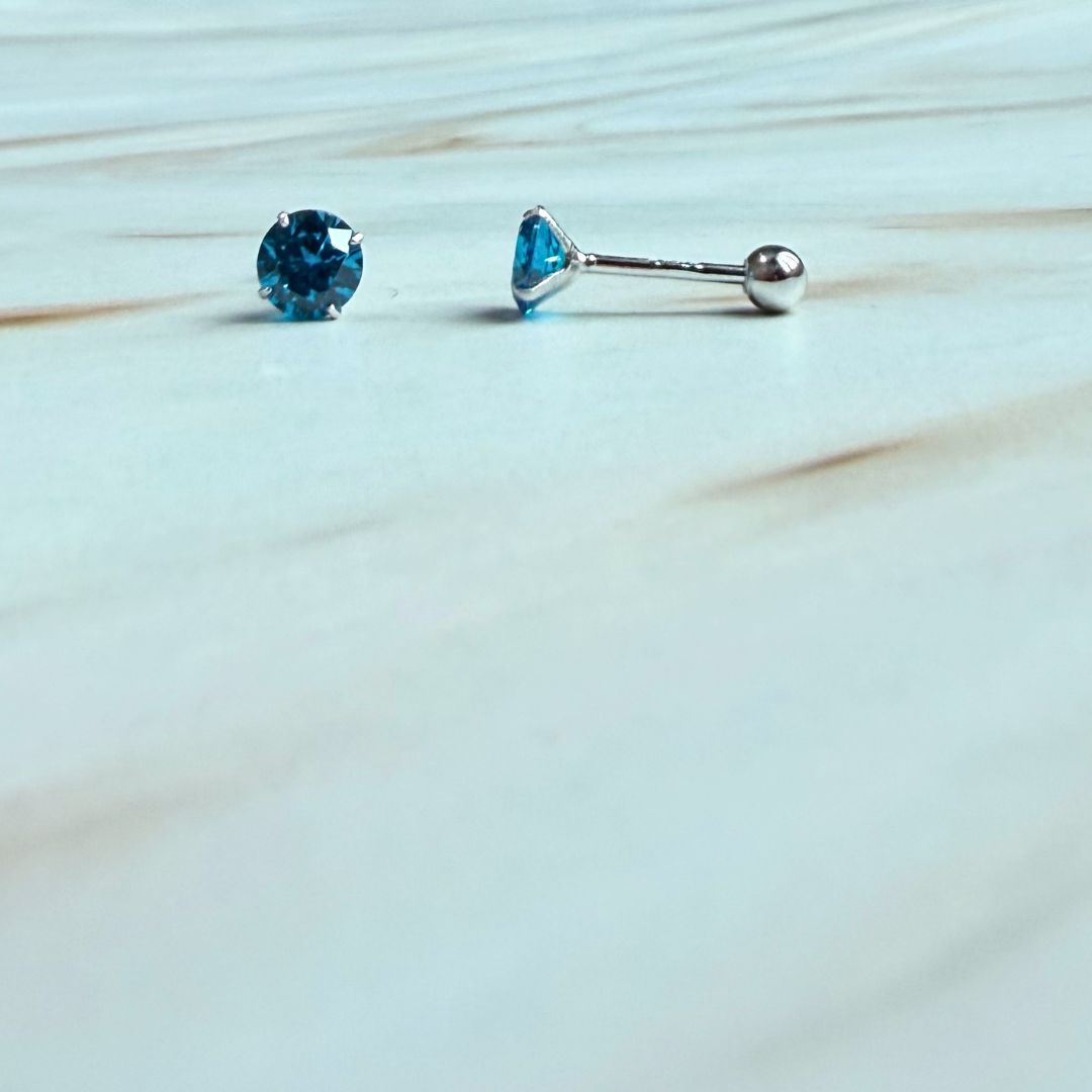 925 Sterling Silver Blue Cubic Zirconia Ball Stud Earrings with Round Solitaire Design
