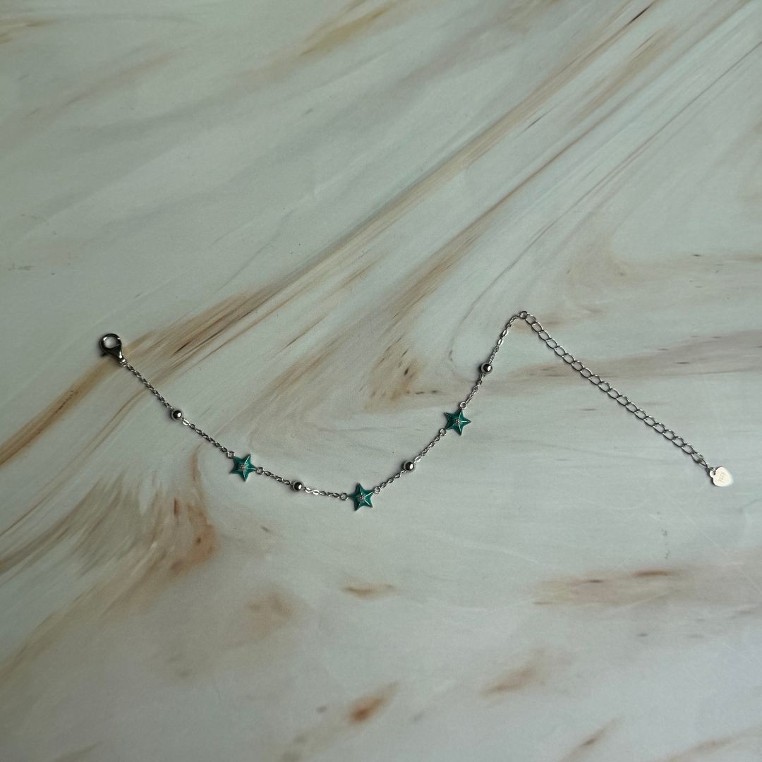 925 Sterling Silver Green Star Charm Bracelet