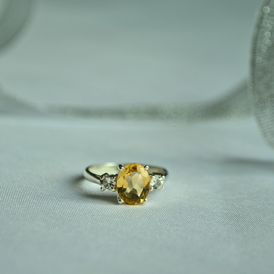 925 Silver Ring with Natural Citrine & Clear Side Stones