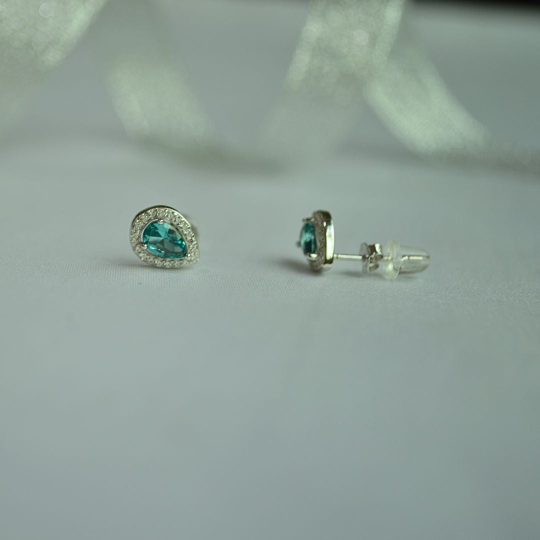 Silver 925 Teardrop Blue Gem Halo Stud Earrings