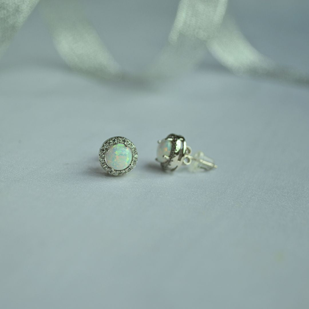 Silver 925 Synthetic Opal Halo Stud Earrings