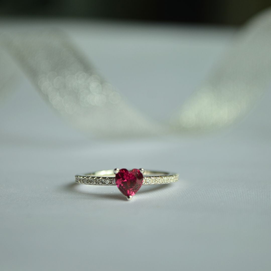 Red High Carbon Diamond Heart Ring in 925 Sterling Silver