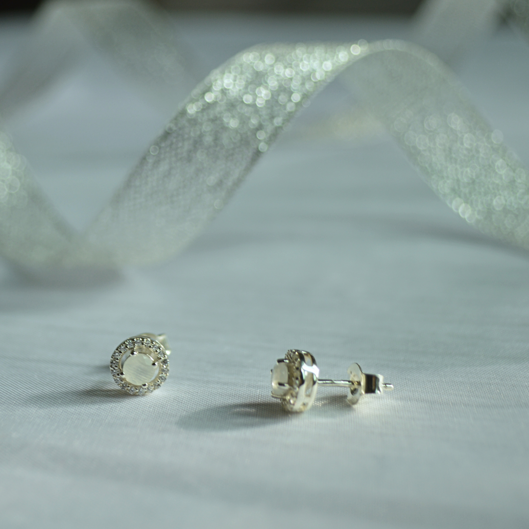Moonstone & White Topaz Halo Studs in Sterling Silver