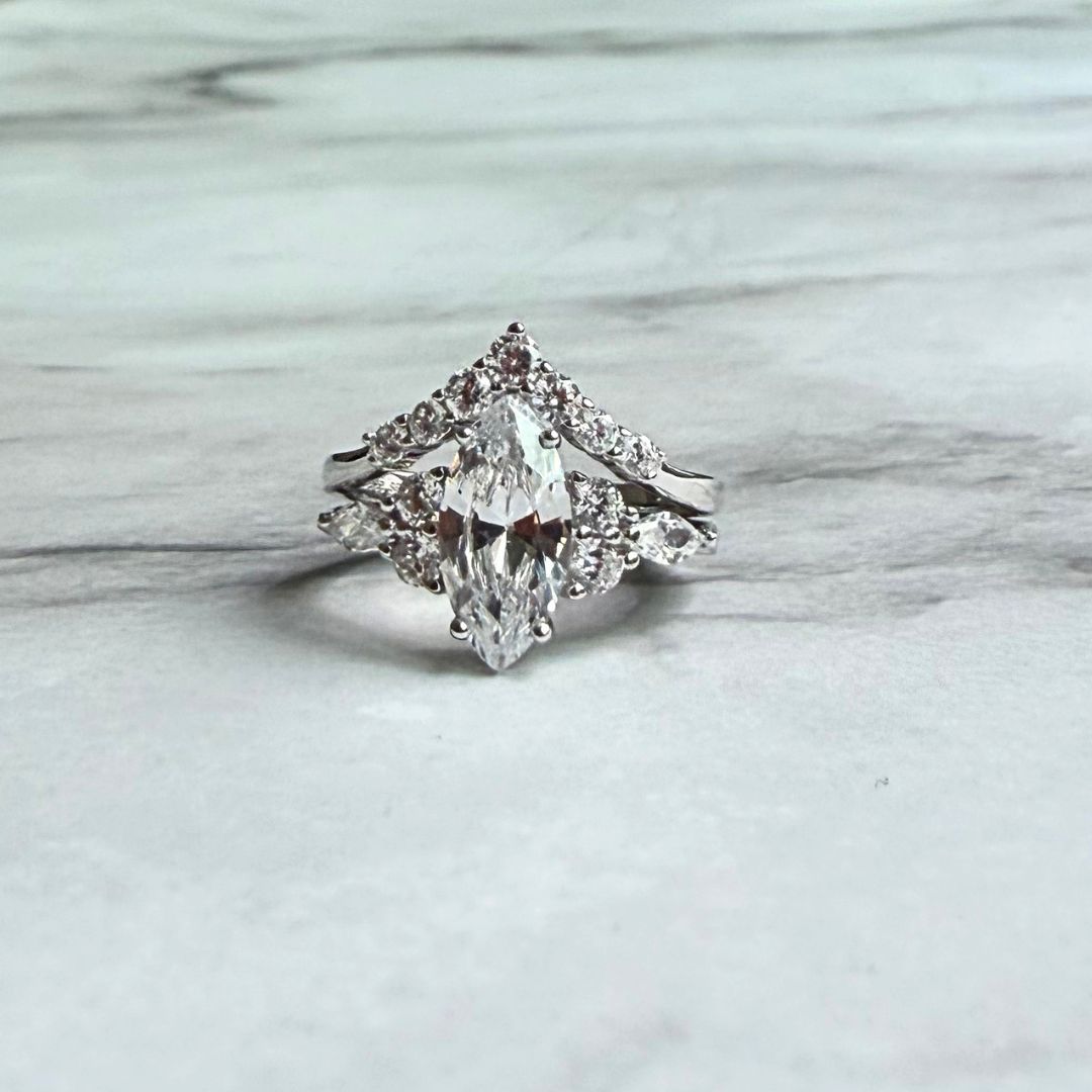 925 Sterling Silver Marquise Cut Cubic Zirconia Bridal Ring Set with Pavé Enhancer Band
