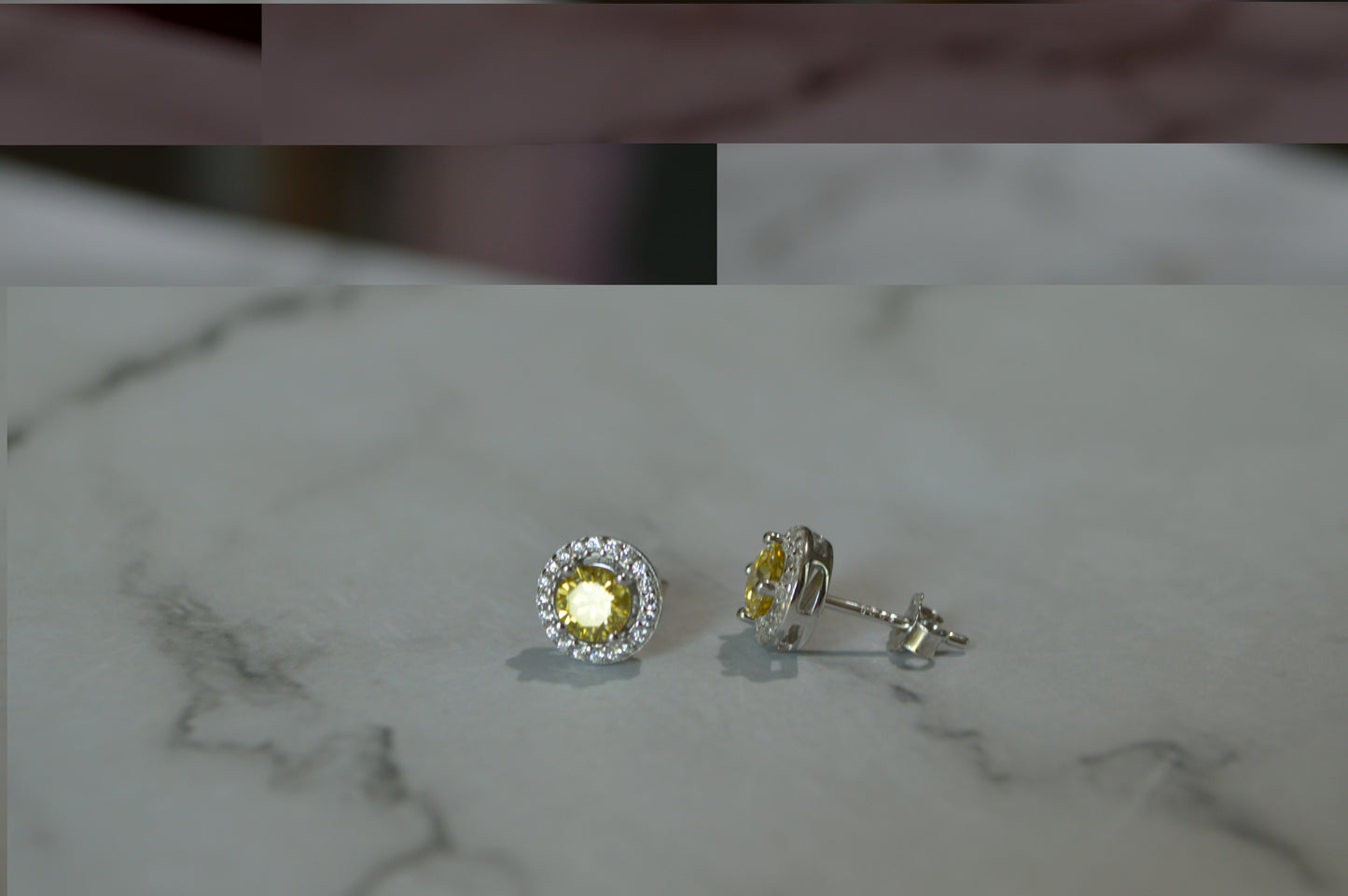 Sterling Silver 925 Halo Stud Earrings with Yellow Cushion-Cut Gemstones – Radiant Glamour