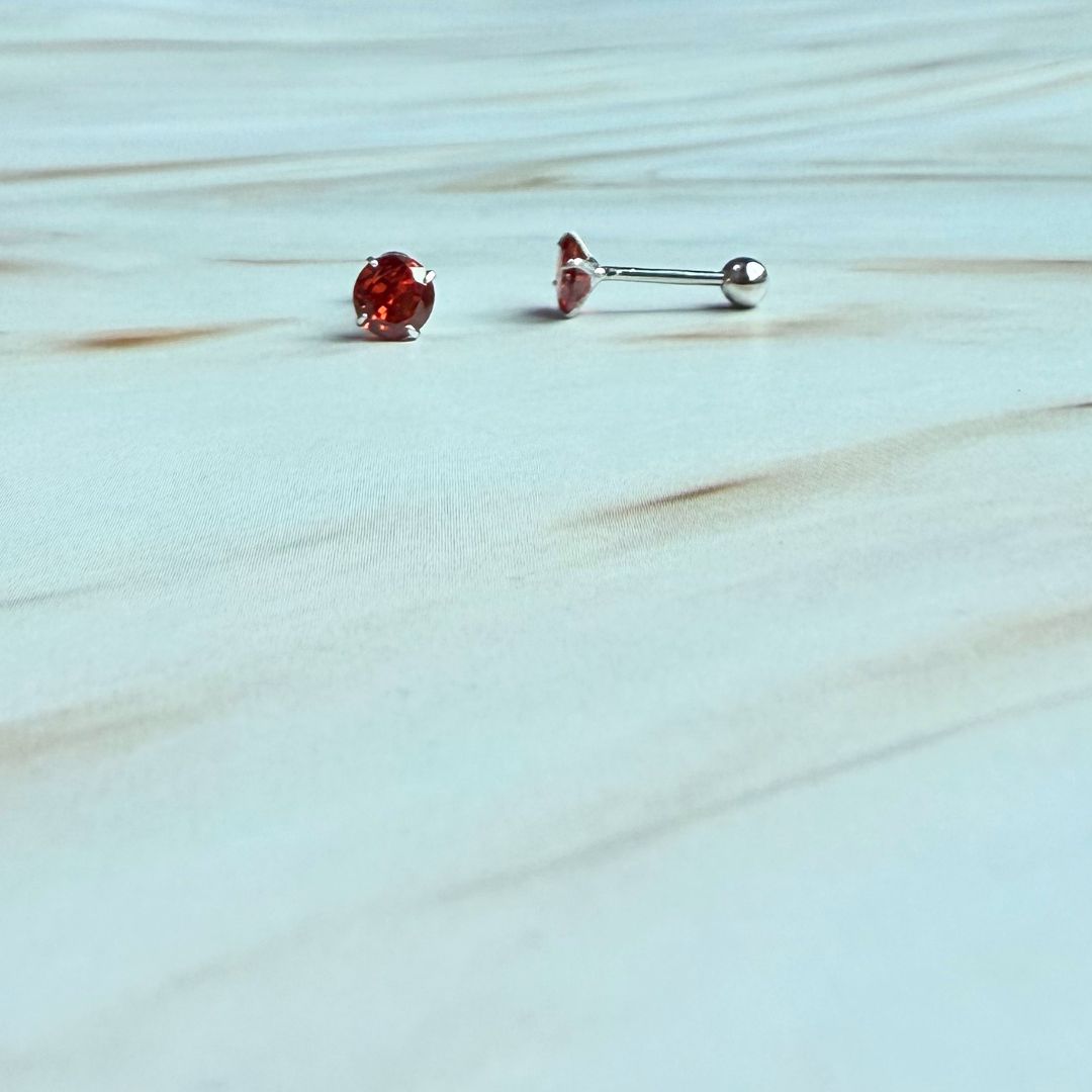925 Sterling Silver Red Cubic Zirconia Ball Stud Earrings with Round Solitaire Design