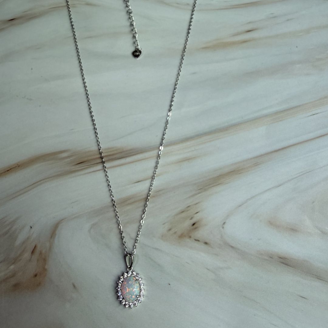 Synthetic Opal Halo Necklace in 925 Sterling Silver