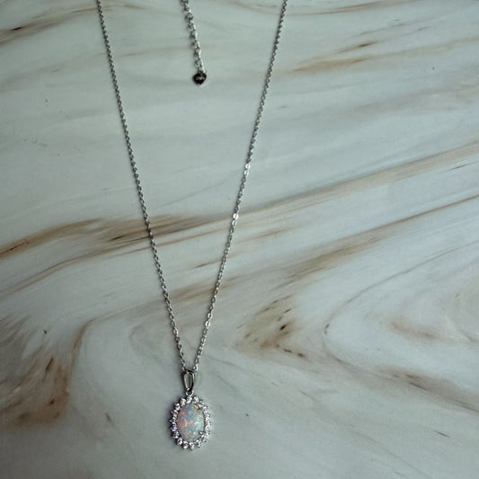 Synthetic Opal Halo Necklace in 925 Sterling Silver