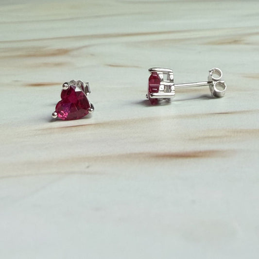 925 Sterling Silver Red Cubic Zirconia Heart Stud Earrings