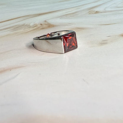 Crimson Royale 925 Sterling Silver Men’s Ring – Red Corundum Square Signet Design