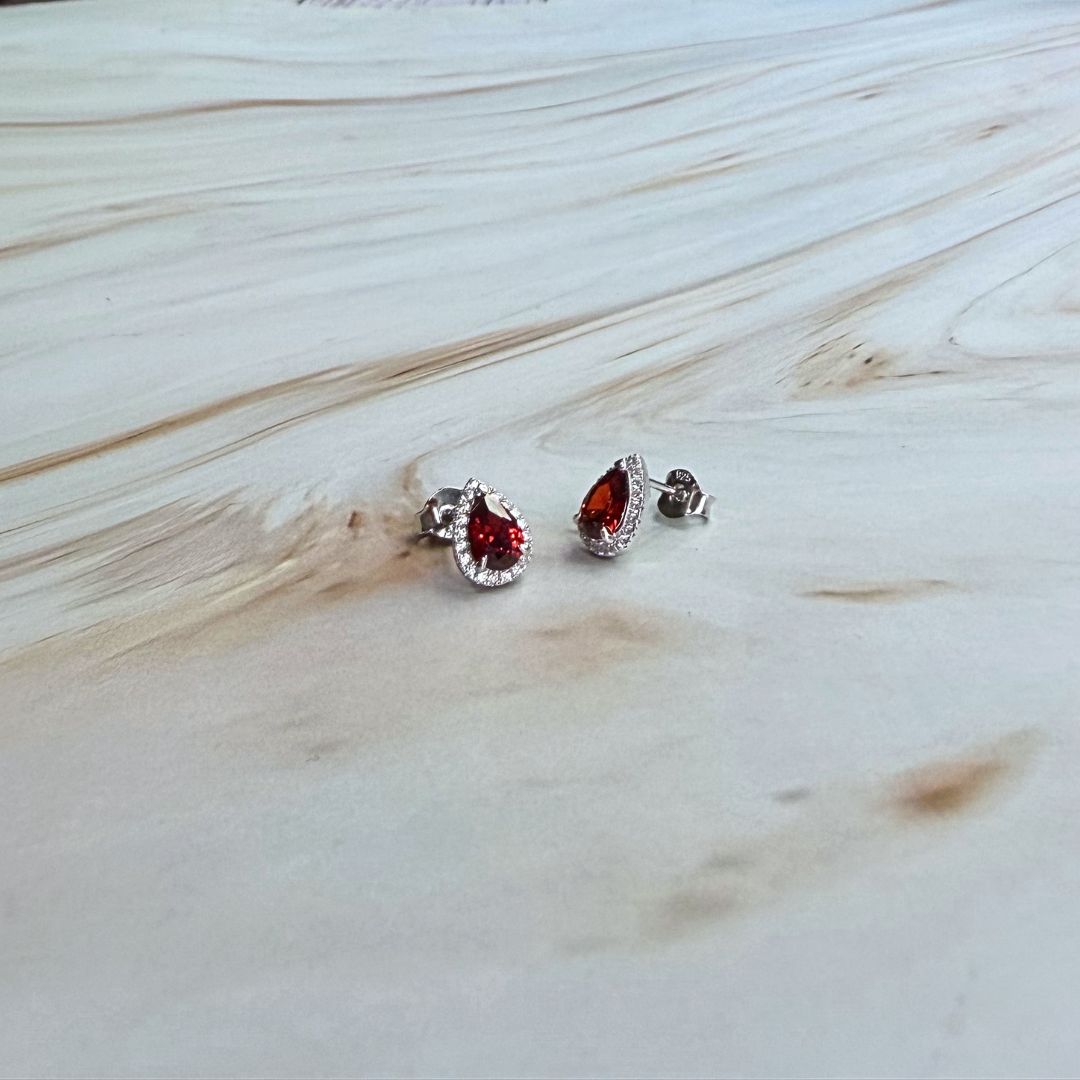 925 Sterling Silver Red Teardrop Halo Stud Earrings