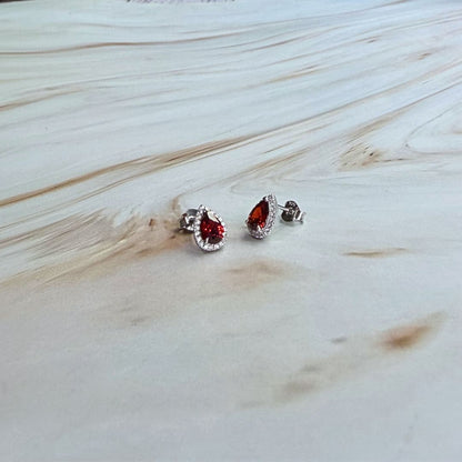 925 Sterling Silver Red Teardrop Halo Stud Earrings