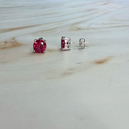 925 Sterling Silver Ruby Pink Zircon Stud Earrings 6mm