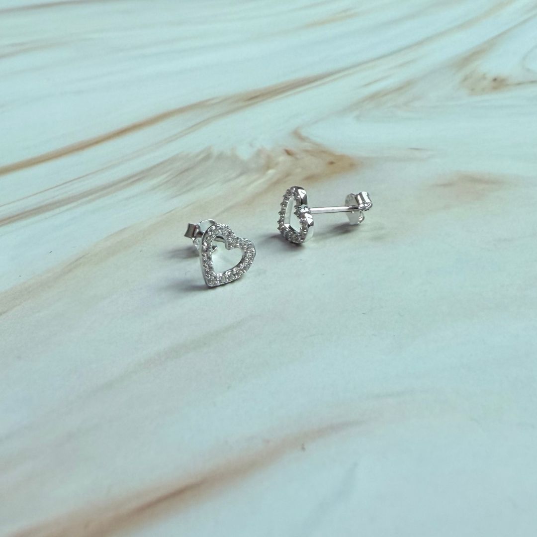 925 Sterling Silver Open Heart Stud Earrings with CZ Stones