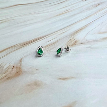 925 Sterling Silver Emerald Green Teardrop Halo Stud Earrings