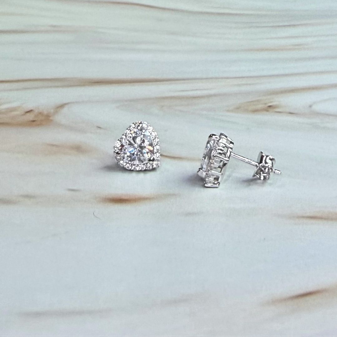 925 Sterling Silver Heart Cut Halo Stud Earrings