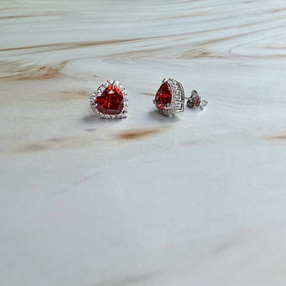 925 Sterling Silver Red Heart Halo Stud Earrings