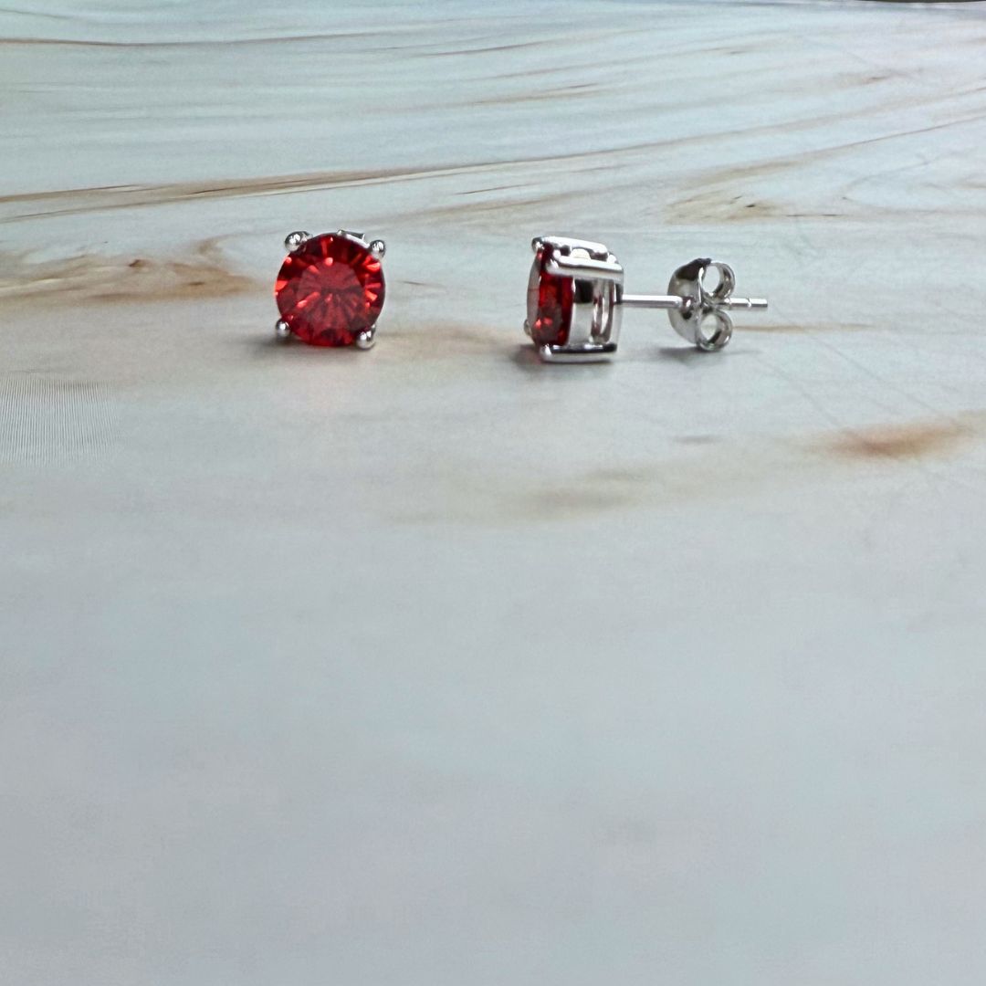 925 Sterling Silver Red Zircon Stud Earrings 6mm