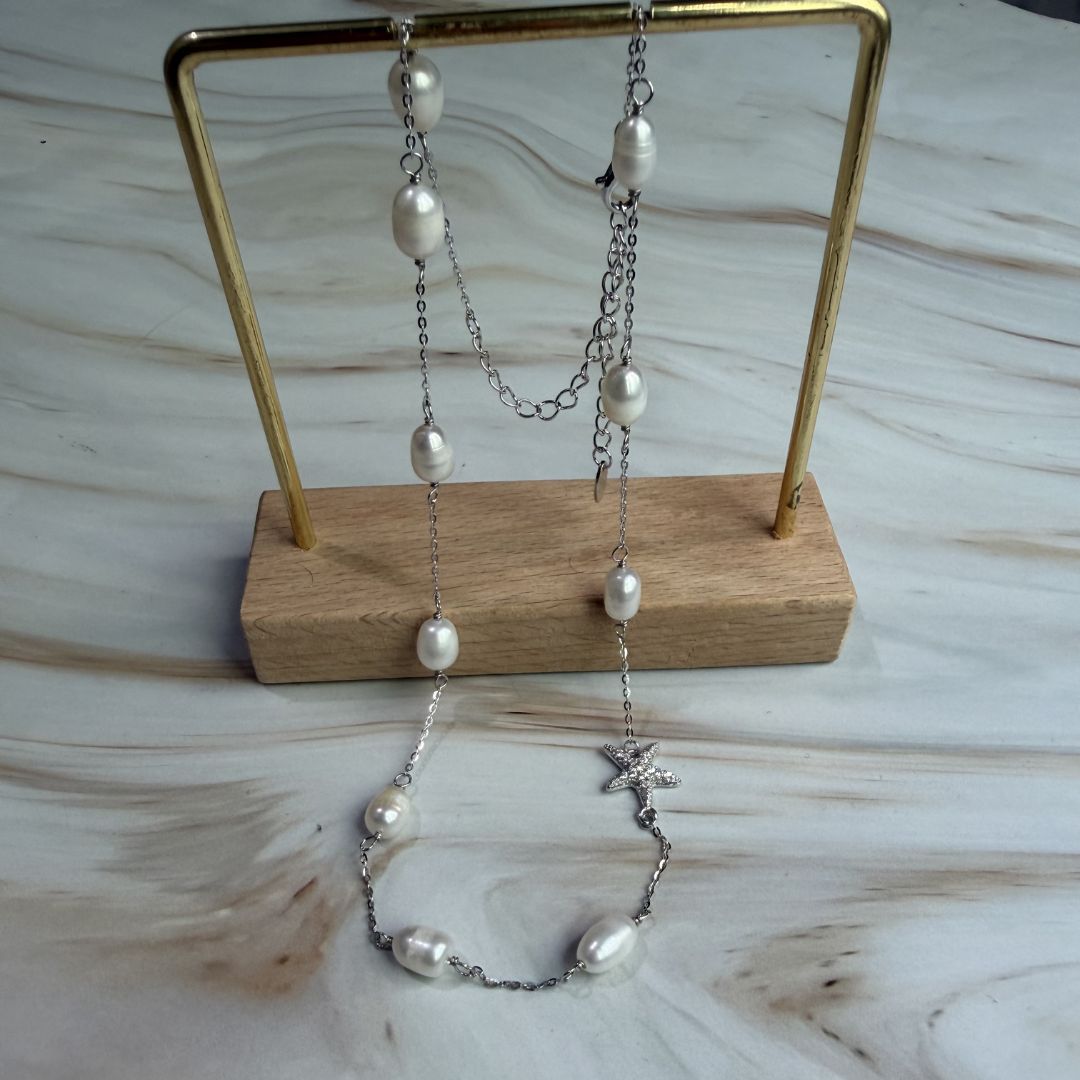 Star Pearl Chain Necklace in 925 Sterling Silver