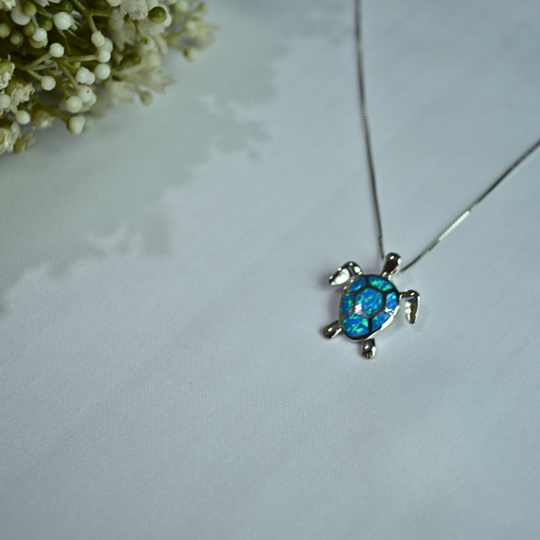 Silver 925 Blue-Green Opal Turtle Necklace