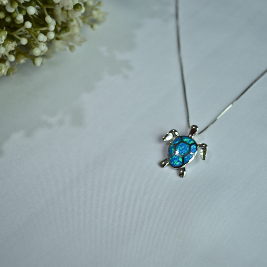 Silver 925 Blue-Green Opal Turtle Necklace