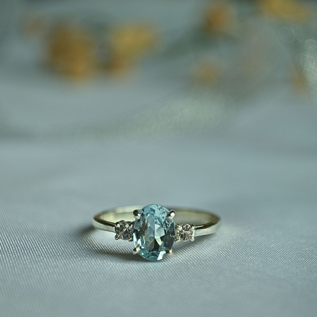 925 Silver Ring with Natural Blue Topaz & Clear Side Stones