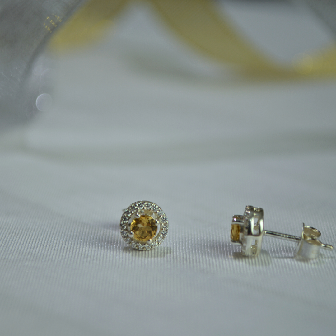 Citrine & White Topaz Silver 925 Stud Earrings
