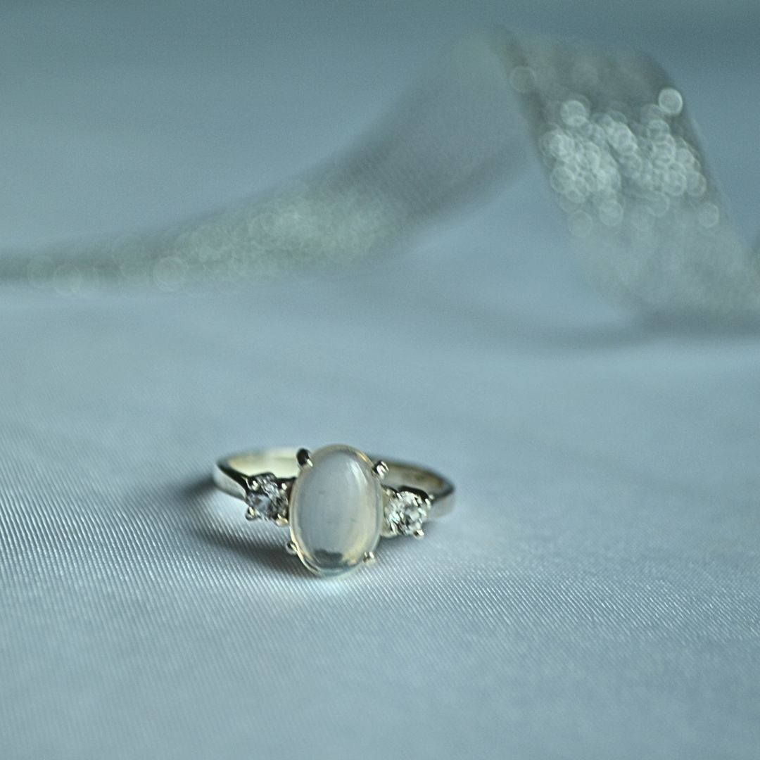 925 Silver Ring with Natural Moonstone & Clear Side Stones