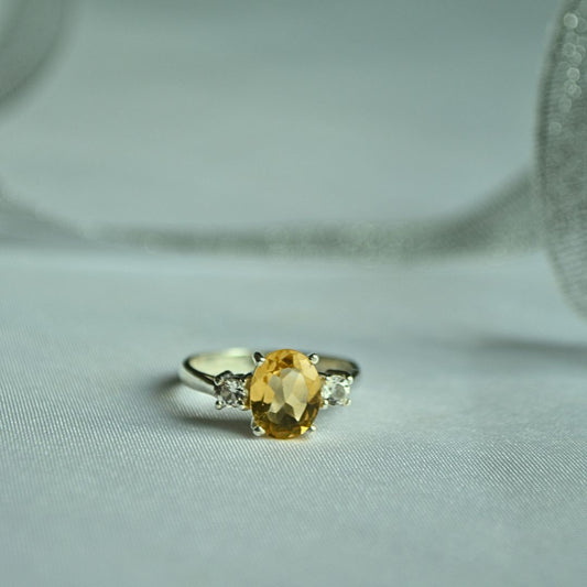 925 Silver Ring with Natural Citrine & Clear Side Stones