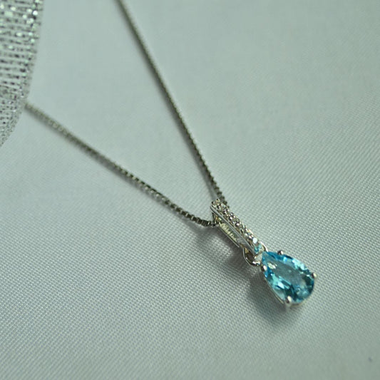 Sterling Silver Natural Swiss Blue Topaz & White Topaz Teardrop Necklace