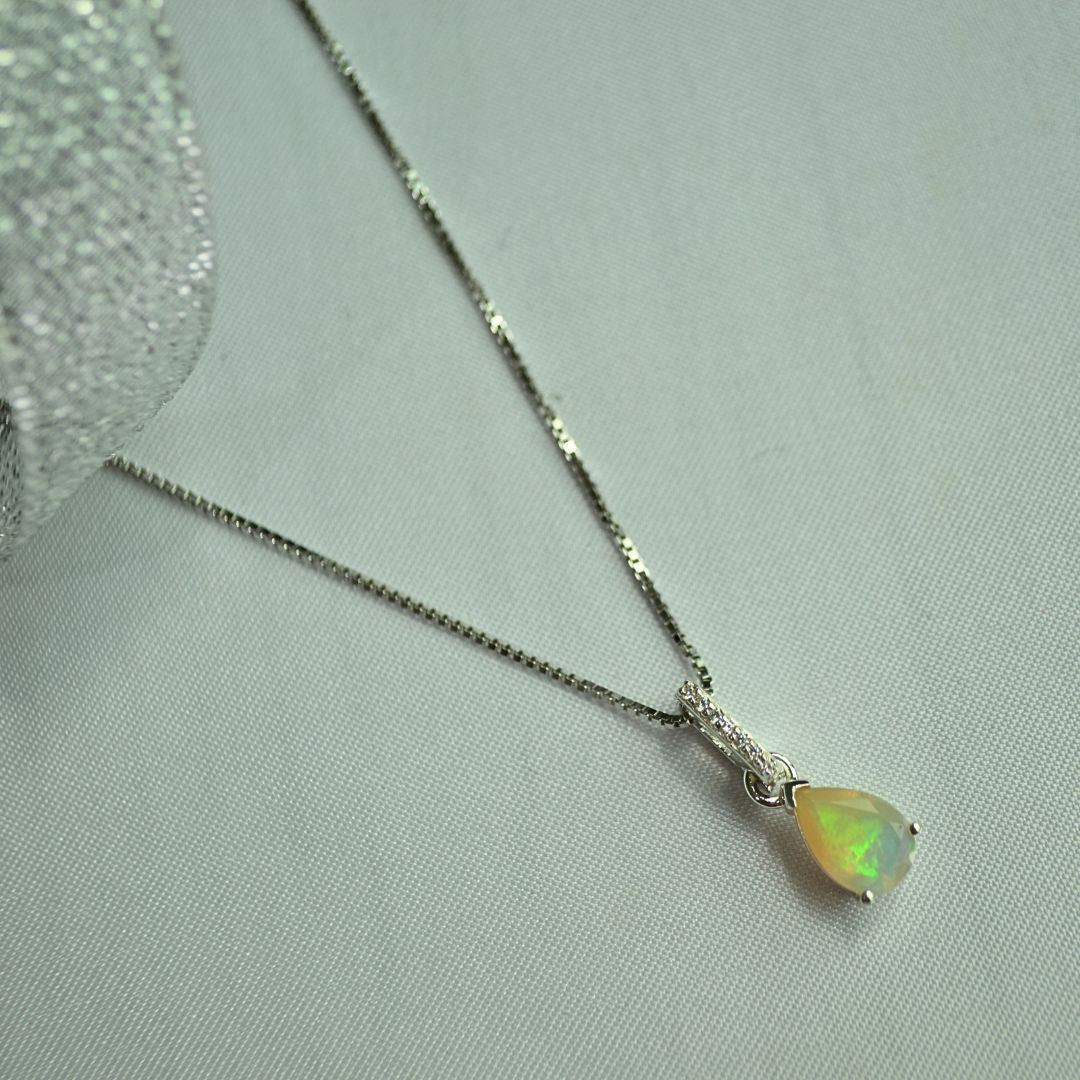 Sterling Silver Opal & White Topaz Teardrop Necklace