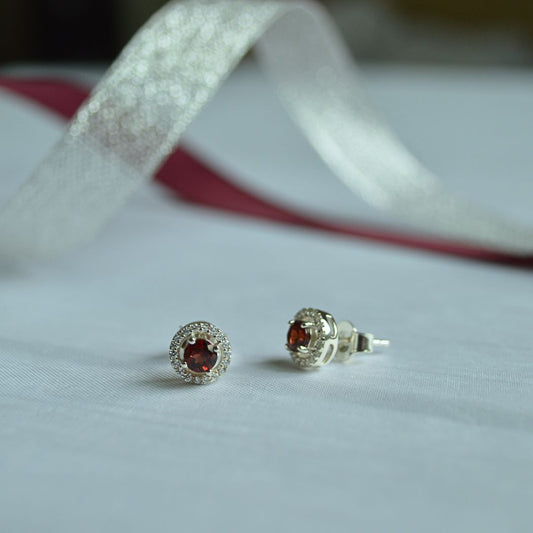 Silver 925 Natural Garnet Stud Earrings with White Topaz