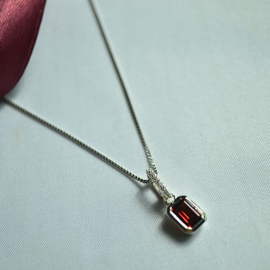 Sterling Silver Emerald‑Cut Garnet Pendant Necklace