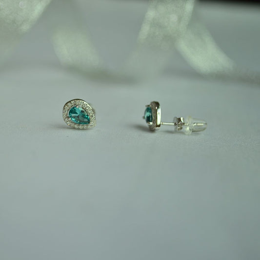 Silver 925 Teardrop Blue Gem Halo Stud Earrings