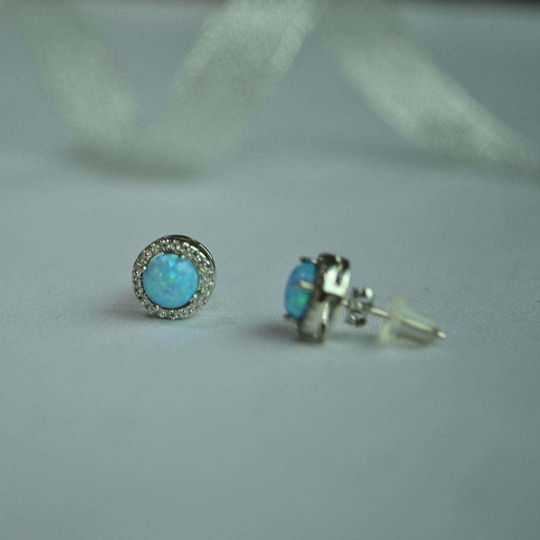 Silver 925 Synthetic Opal Halo Stud Earrings(blue)