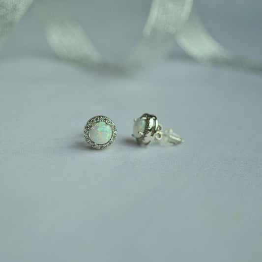 Silver 925 Synthetic Opal Halo Stud Earrings