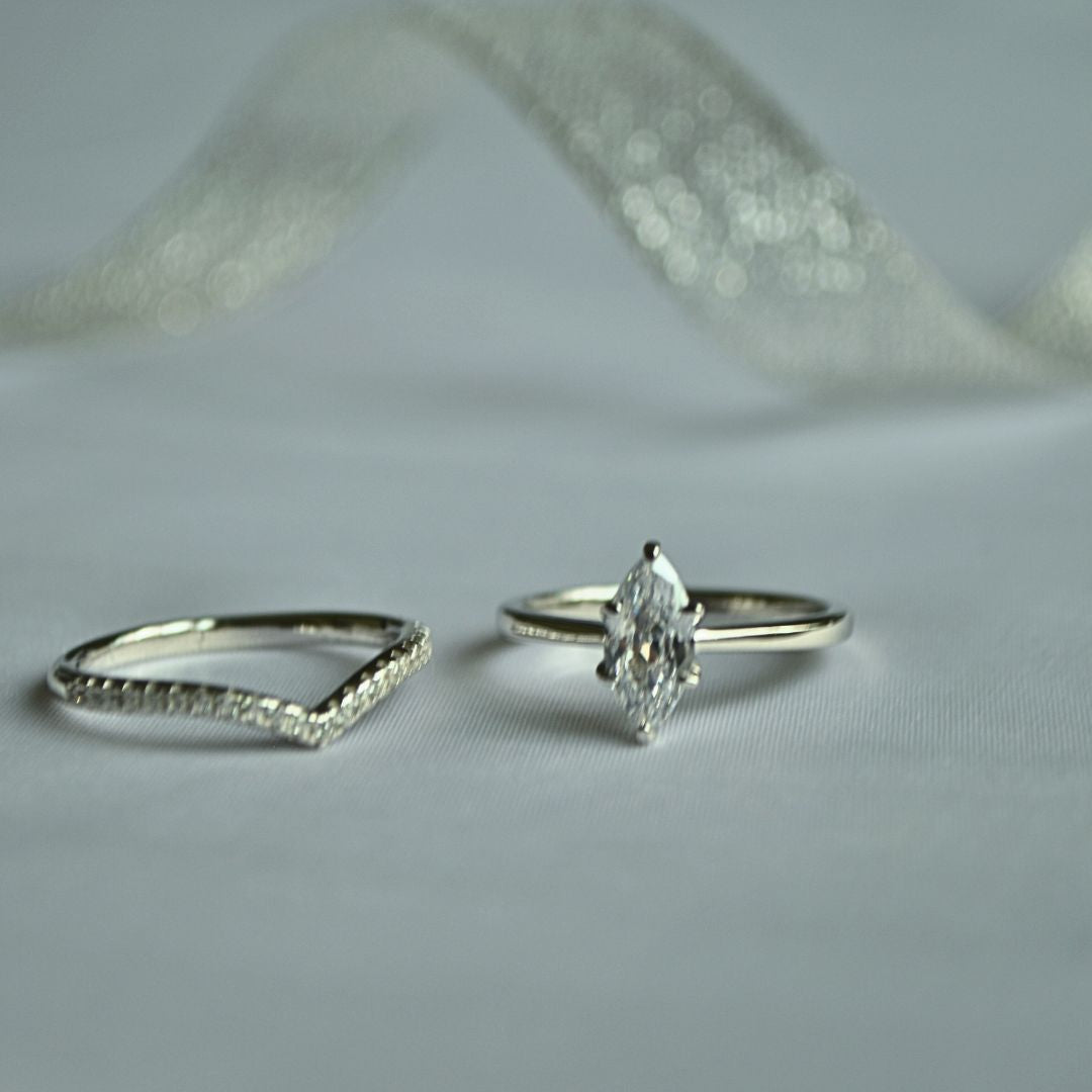 Two-Band Bridal Set in 925 Sterling Silver with Marquise CZ Center