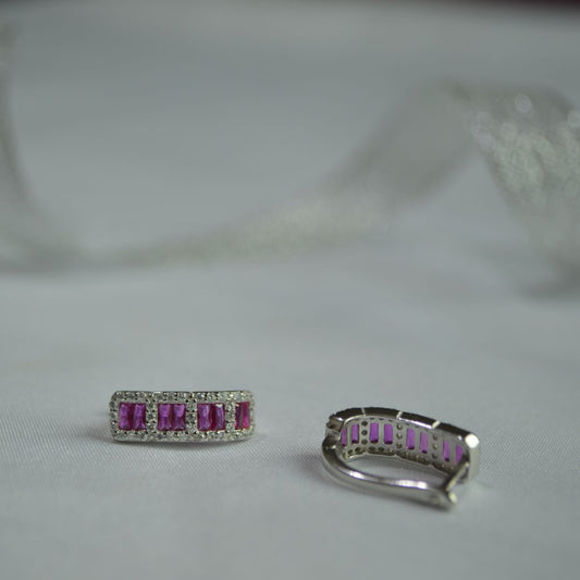 Silver 925 Pink Gem Rectangle Earrings