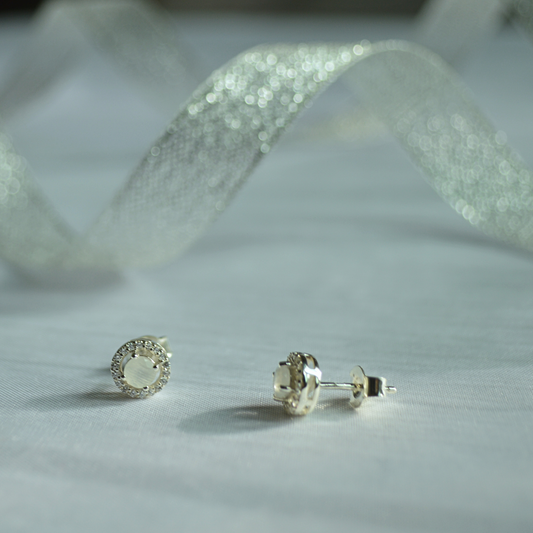 Moonstone & White Topaz Halo Studs in Sterling Silver