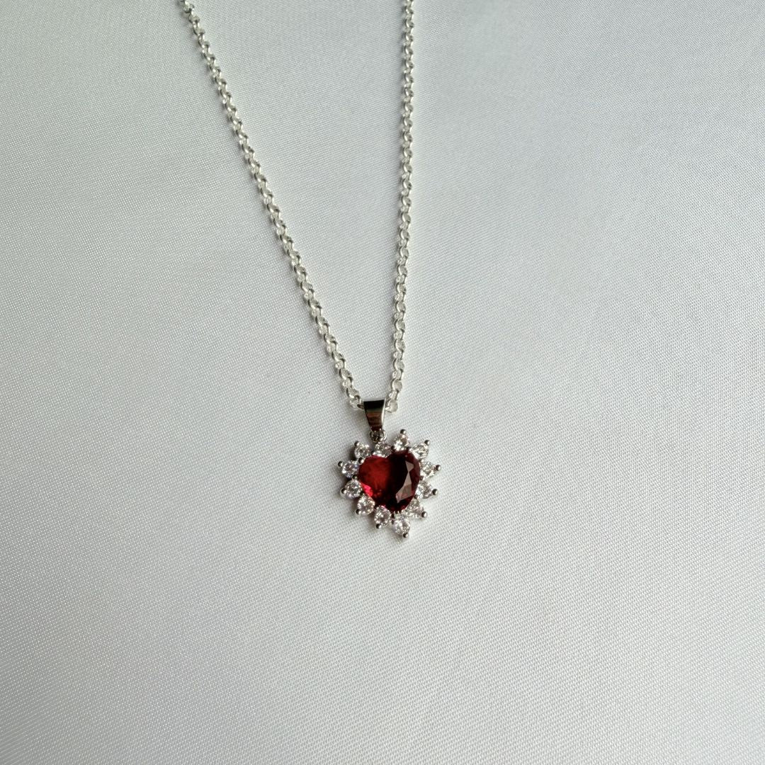 925 Sterling Silver Red Heart Gemstone Necklace with Halo Cubic Zirconia