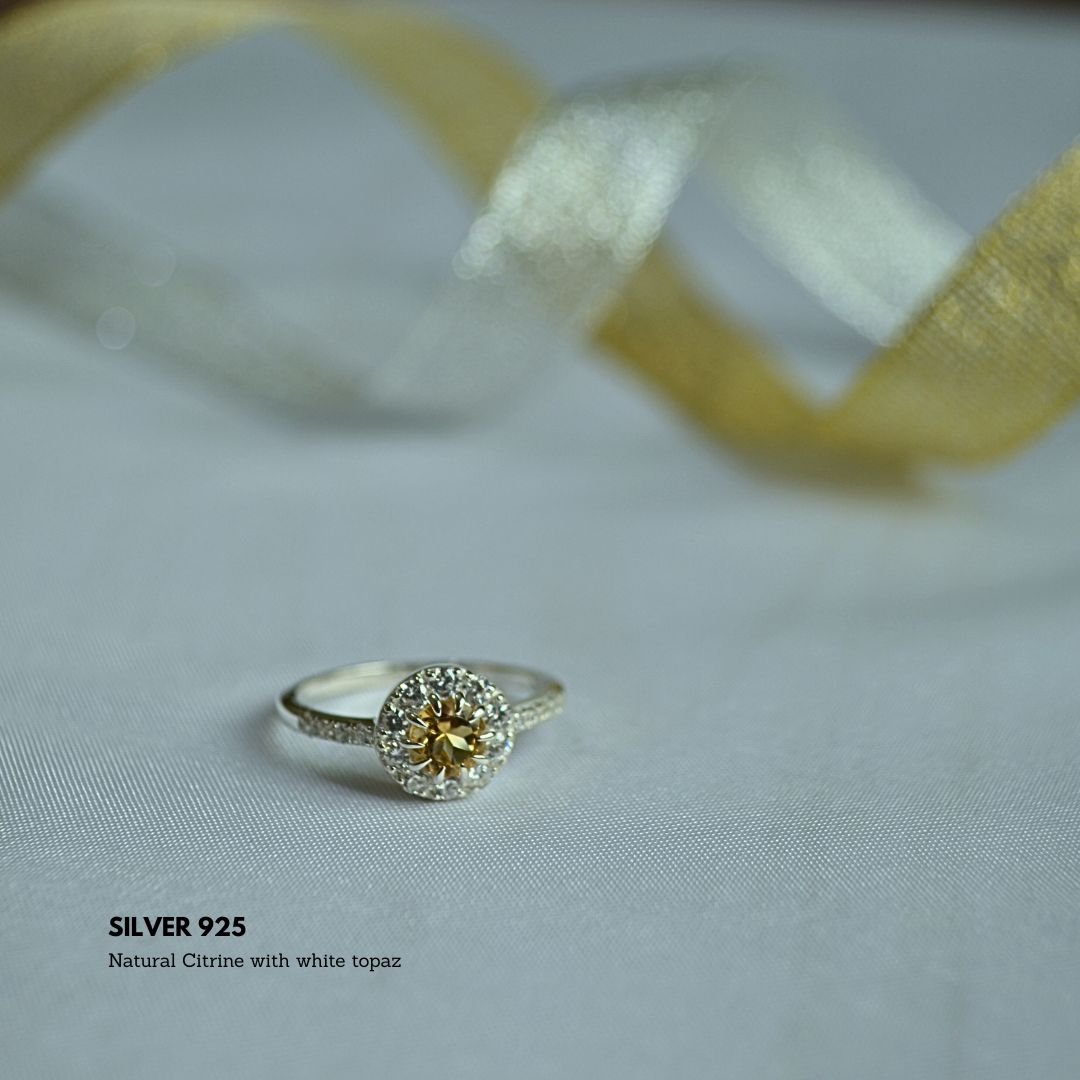 Golden Citrine & White Topaz – 925 Silver Ring