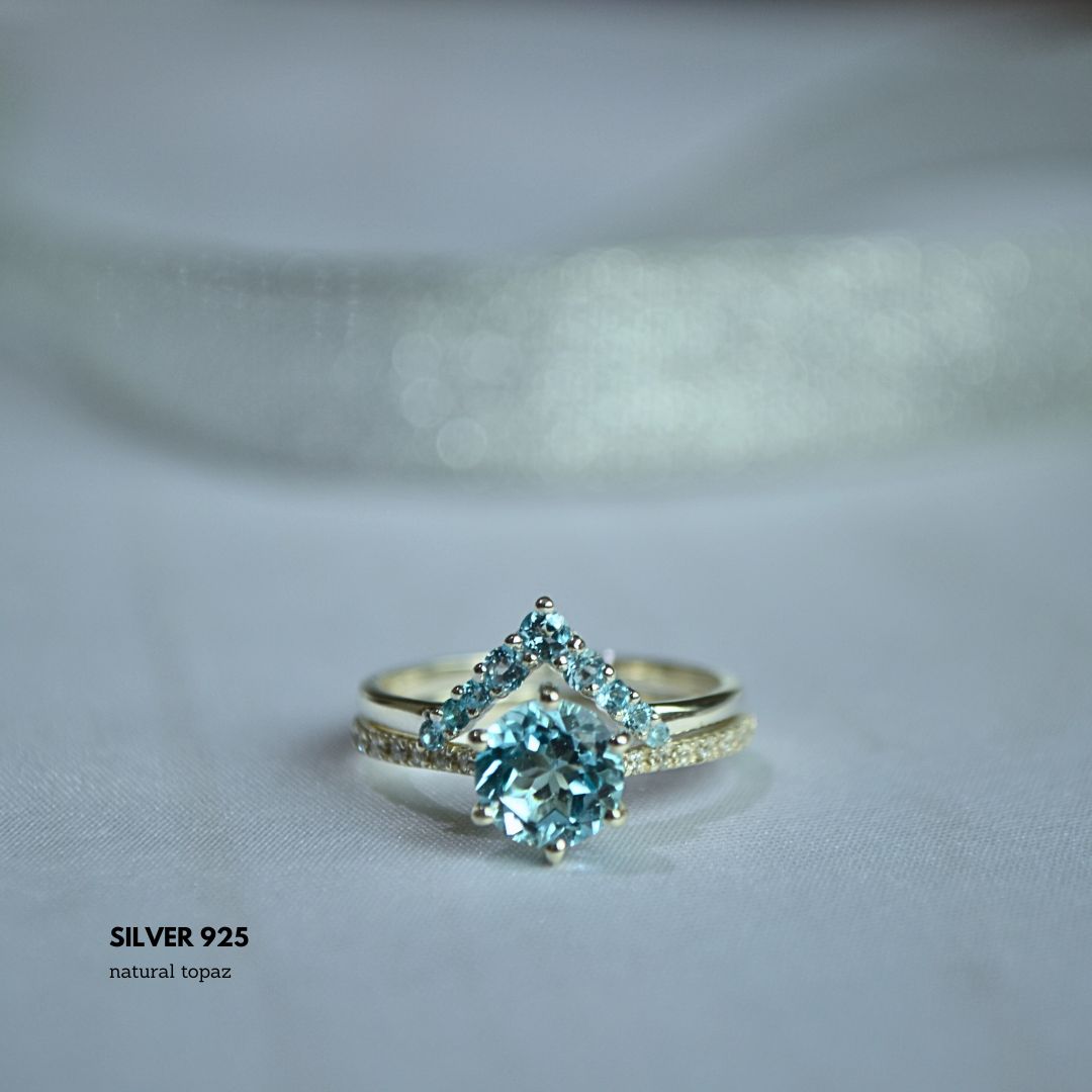 Celestial Bond: Swiss Blue Topaz Ring Duo in Silver 925