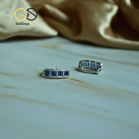 Silver 925 Blue Rectangular Stone Earrings – Modern Elegance with Sparkling Detail
