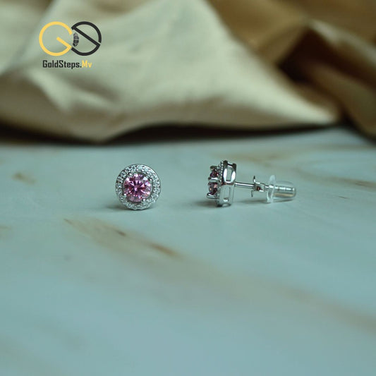 Silver 925 Pink Halo Stud Earrings – Feminine Elegance with Radiant Sparkle