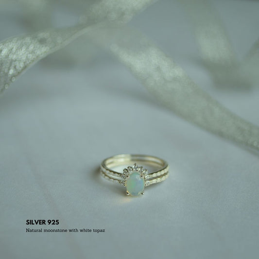 Moonstone & White Topaz – 925 Silver Ring with Natural Gemstones