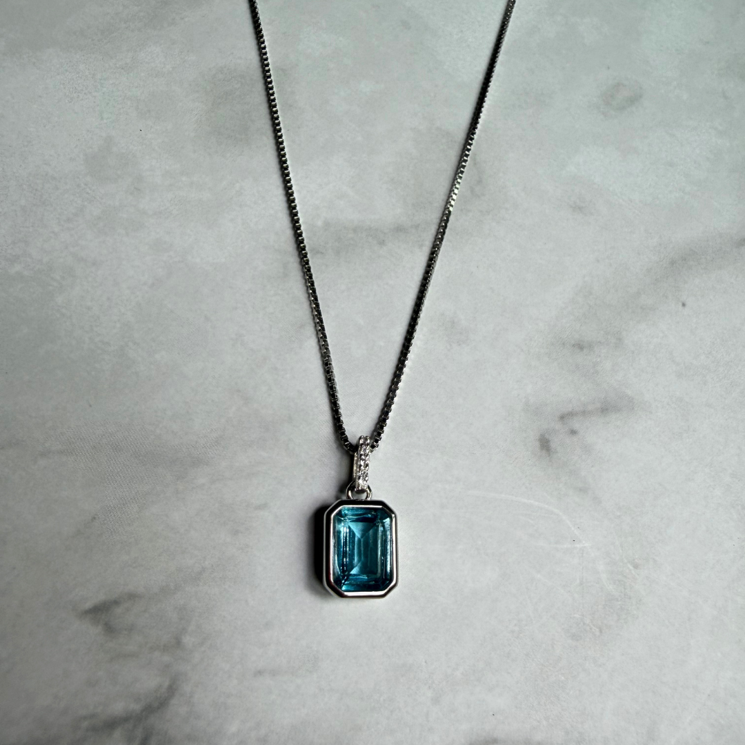 925 Sterling Silver Natural Swiss Blue Topaz Emerald Cut Pendant Necklace