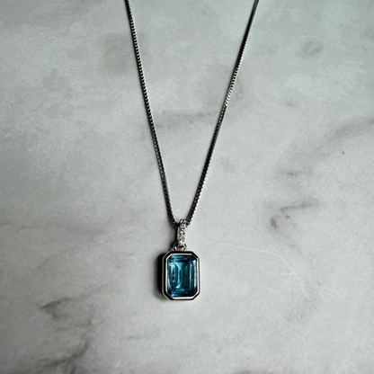 925 Sterling Silver Natural Swiss Blue Topaz Emerald Cut Pendant Necklace
